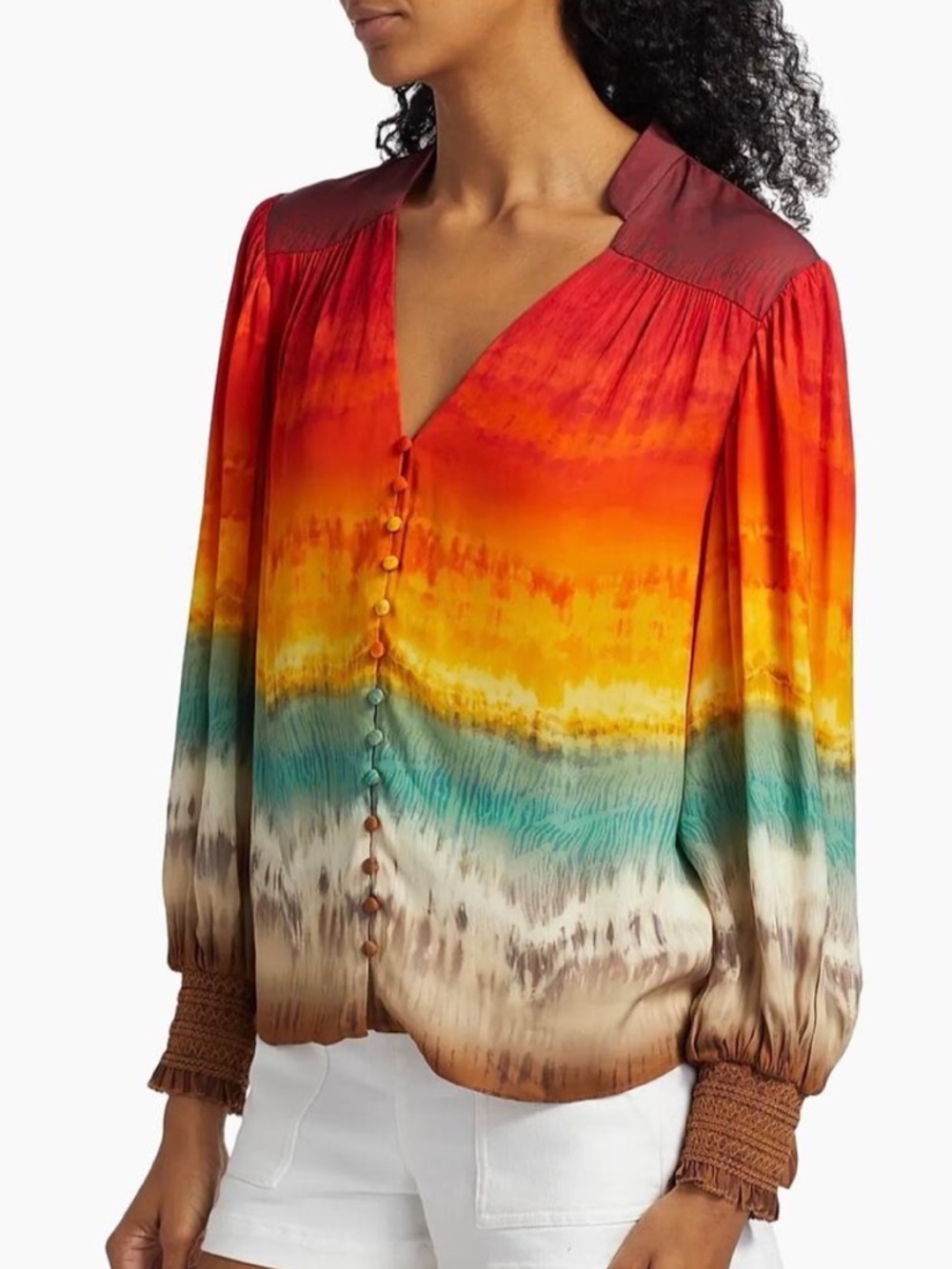 NWT Alice + Olivia Serena Rainbow Tie dye Peasant Top Blouson Boho Colorful Sz L - Picture 4 of 14